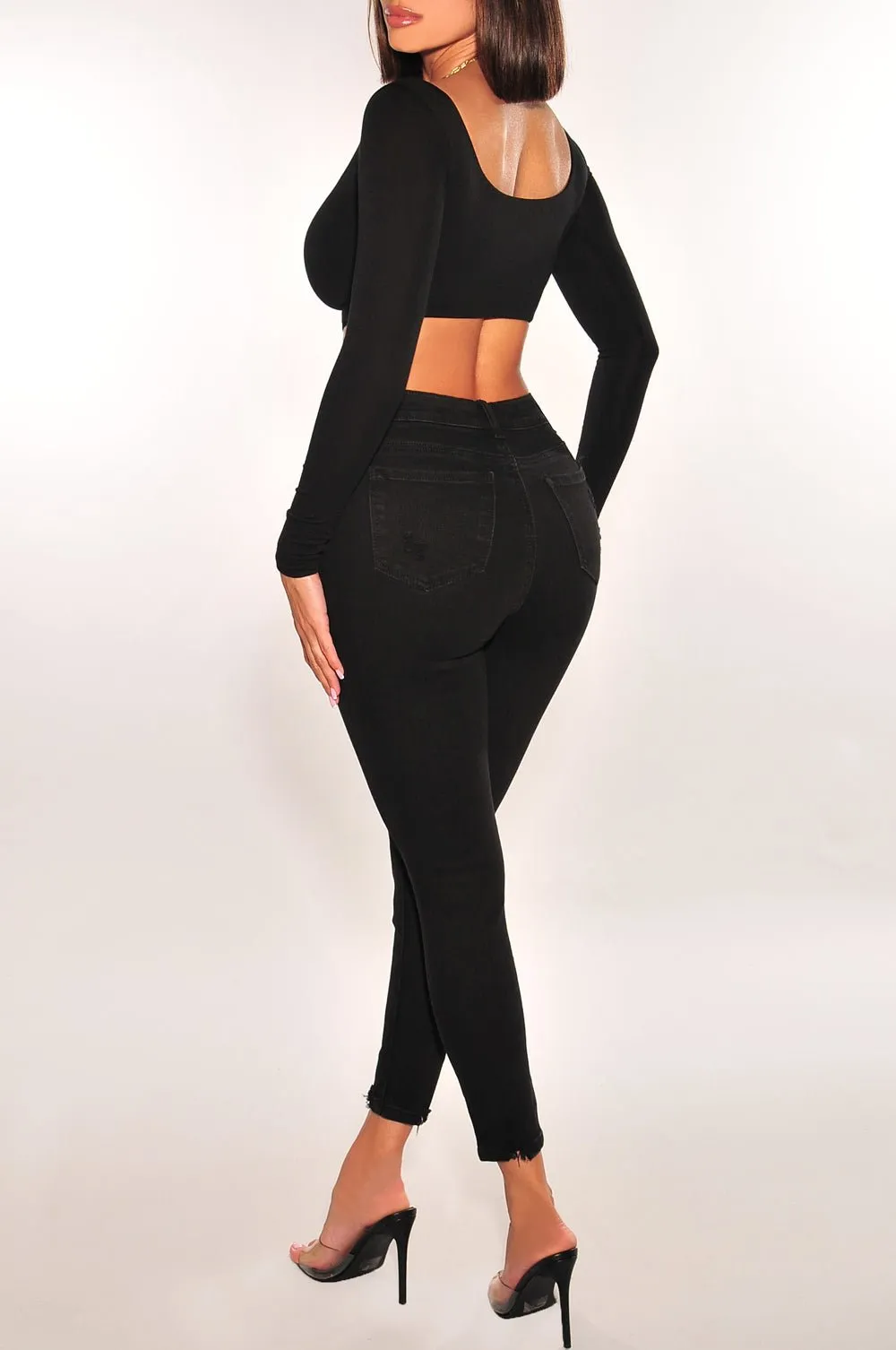 Black Denim High Waist Ripped Frayed Hem Skinny Jeans
