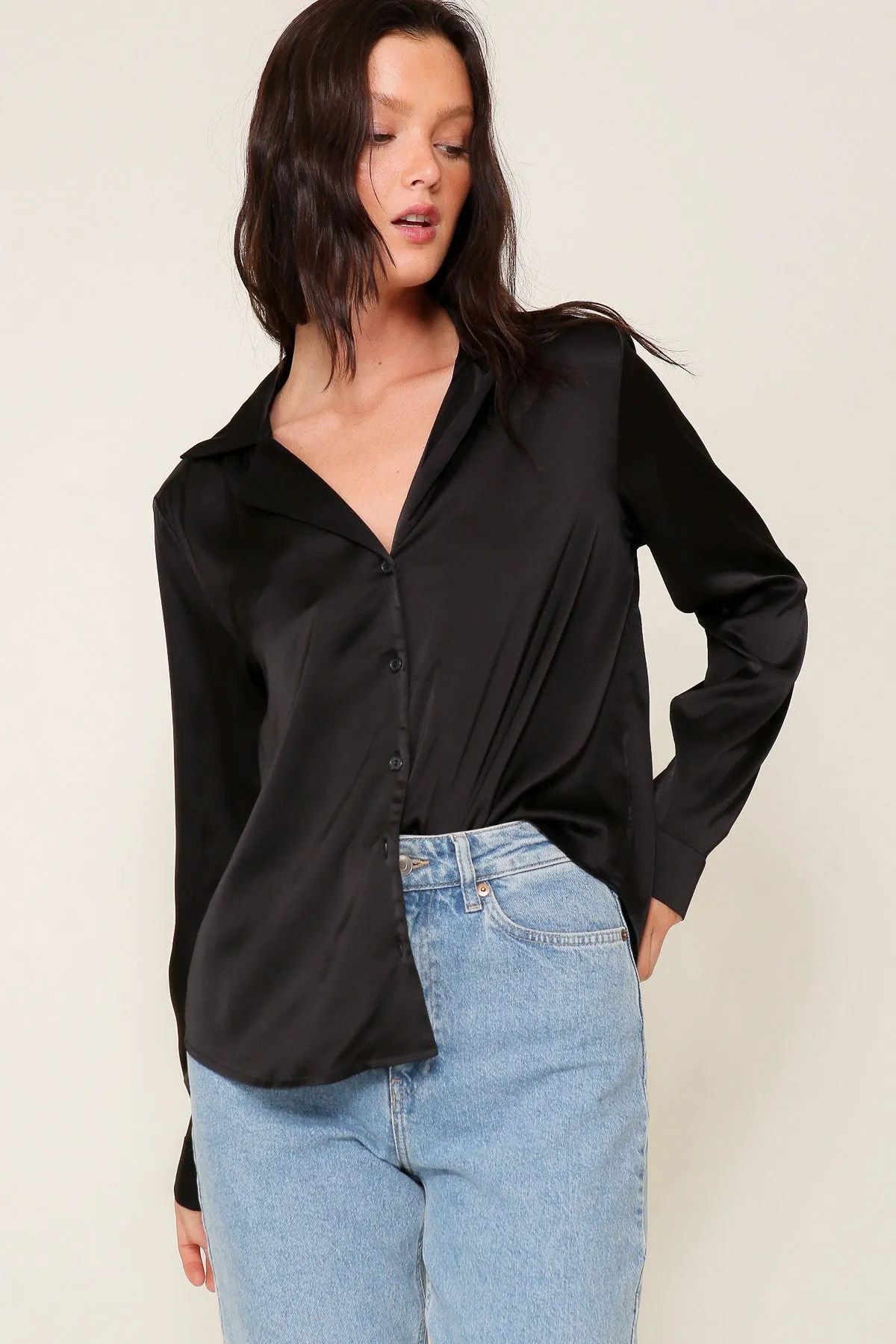 Black Satin Collared Button Down Blouse