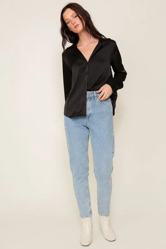 Black Satin Collared Button Down Blouse