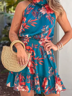 Blue Blossom Sleeveless Ruffle Mini Dress