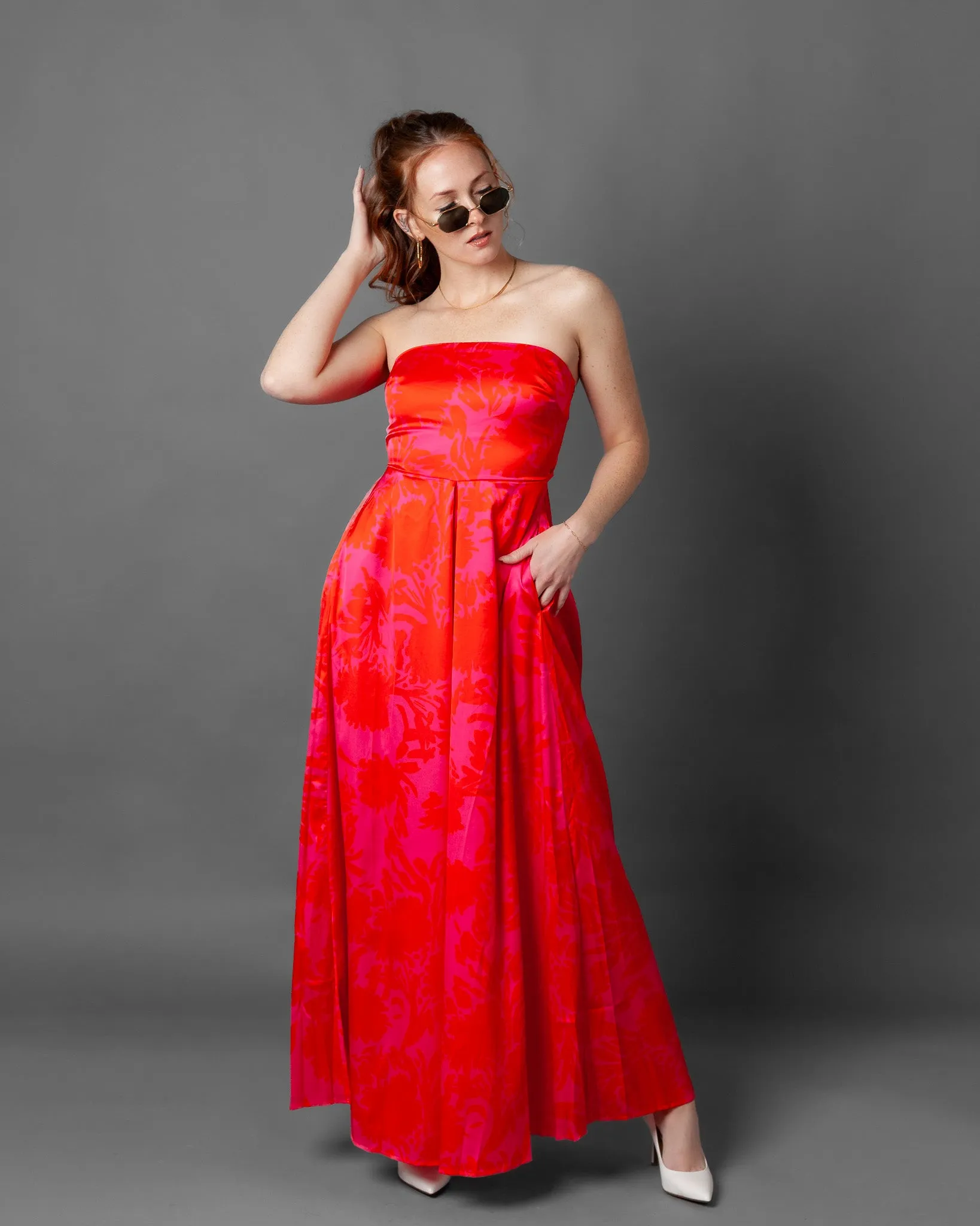 Budapest Strapless Floral Wide Leg Jumpsuit   Pockets