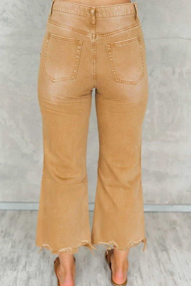 Caramel Distressed High Waist Cropped Flare Denim