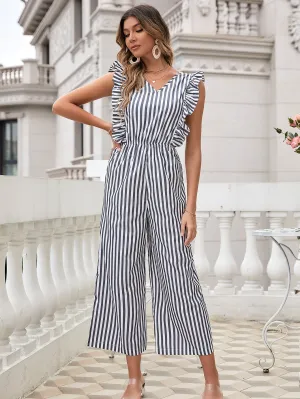 Casual Elegant Ruffle Sleeve Slim V Neck Striped Jumpsuit