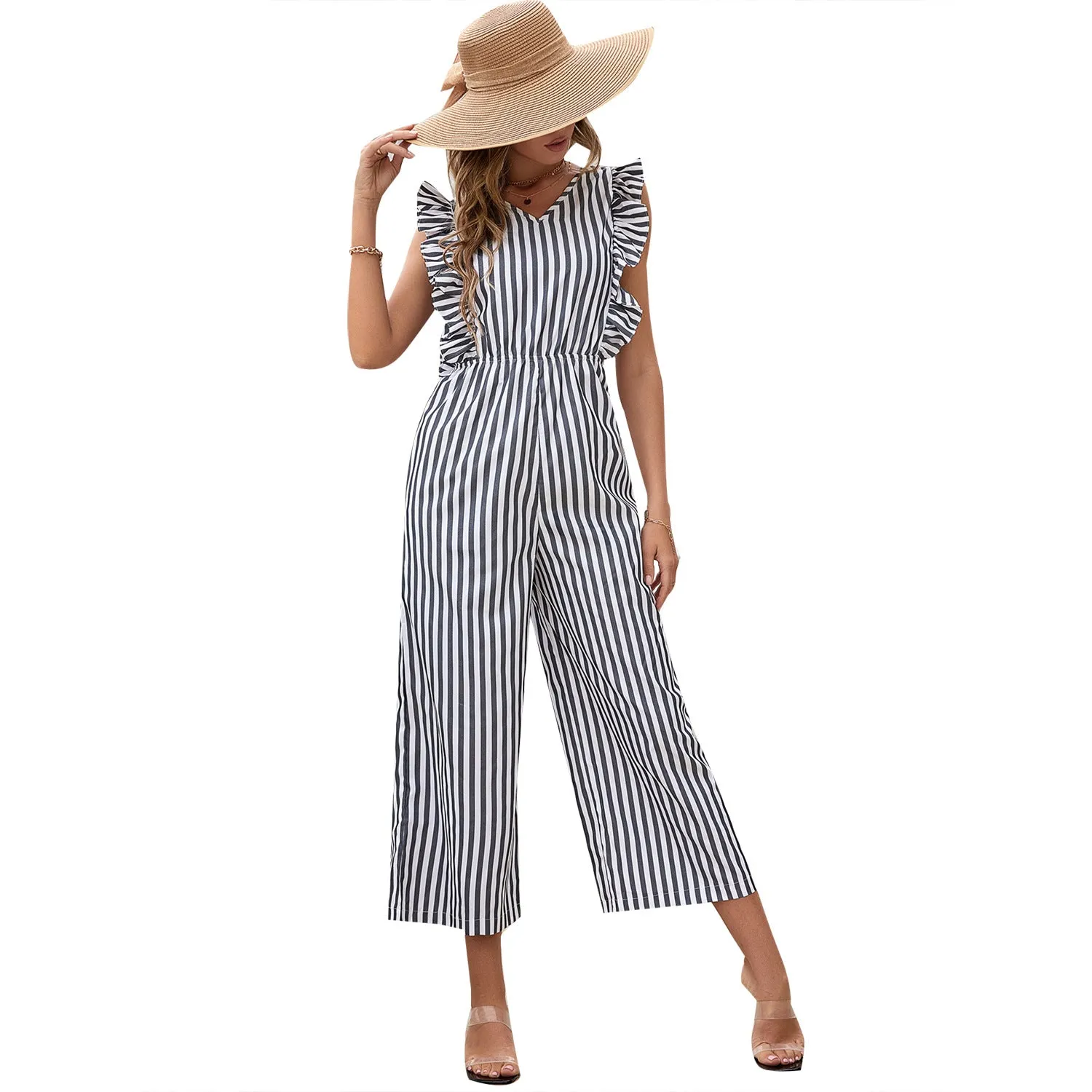 Casual Elegant Ruffle Sleeve Slim V Neck Striped Jumpsuit