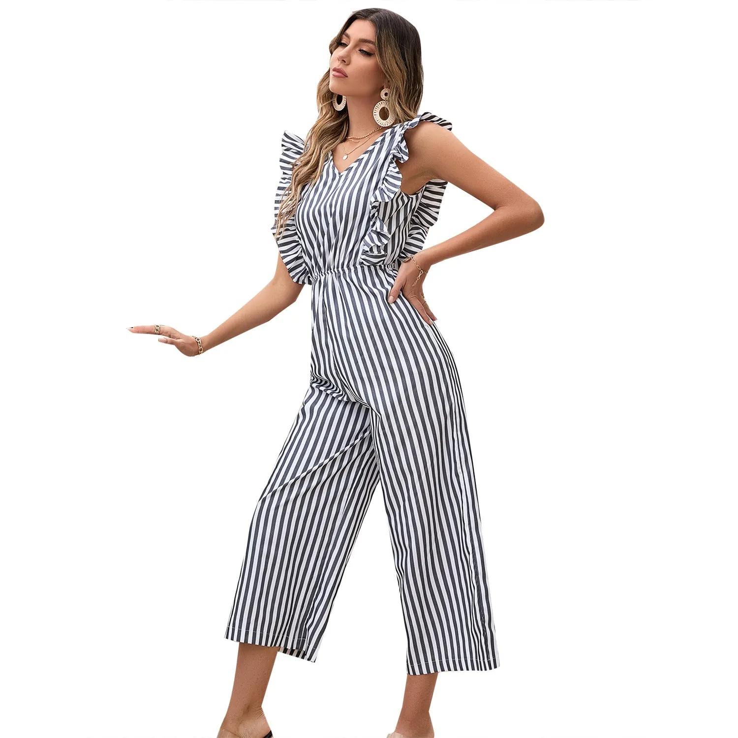 Casual Elegant Ruffle Sleeve Slim V Neck Striped Jumpsuit