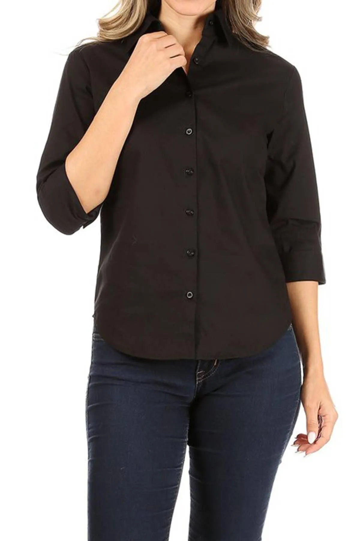 Casual Stretch Button Down Black Shirt