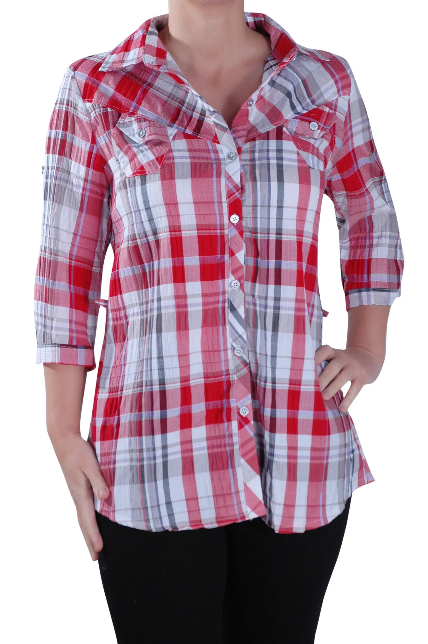 Checkered Collared 3/4 Sleeve Shirt