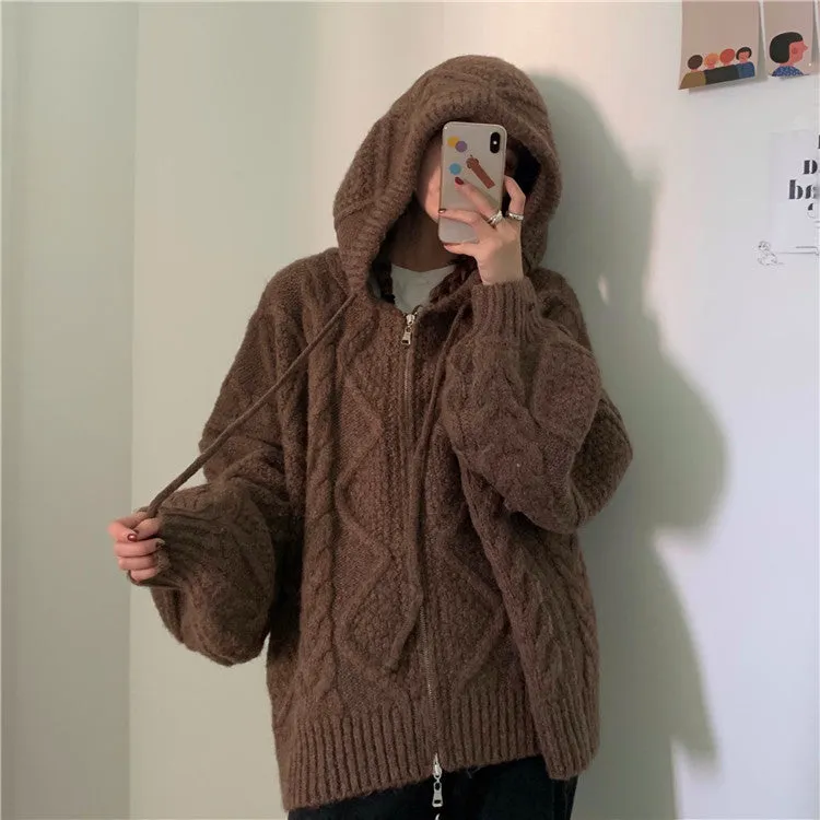 christmas outfit Sonicelife Cable Knit Zip Up Hooded Cardigan