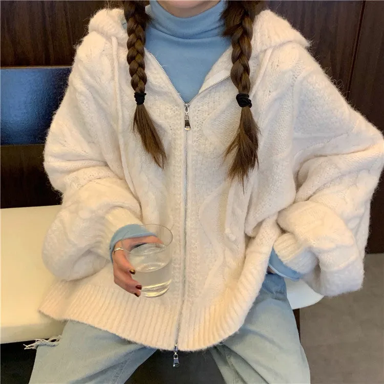 christmas outfit Sonicelife Cable Knit Zip Up Hooded Cardigan