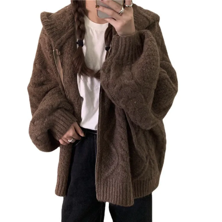 christmas outfit Sonicelife Cable Knit Zip Up Hooded Cardigan