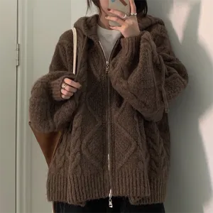 christmas outfit Sonicelife Cable Knit Zip Up Hooded Cardigan