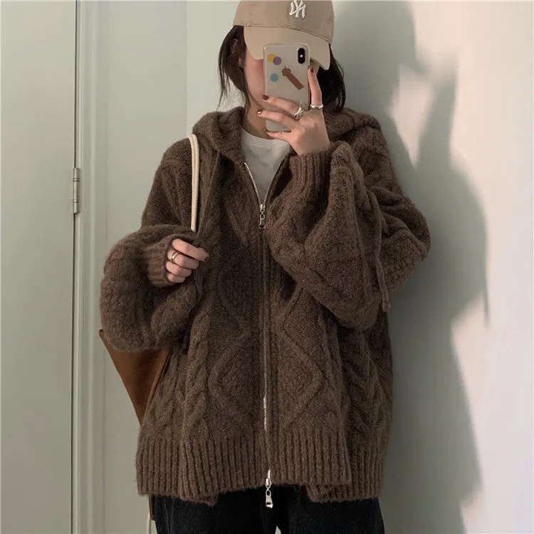 christmas outfit Sonicelife Cable Knit Zip Up Hooded Cardigan
