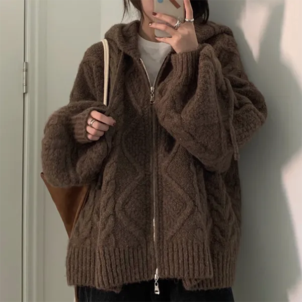 christmas outfit Sonicelife Cable Knit Zip Up Hooded Cardigan