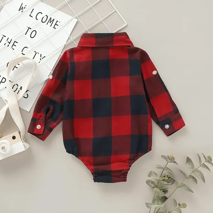 Christmas Style Cotton Plaid Lapel Romper Jumpsuit