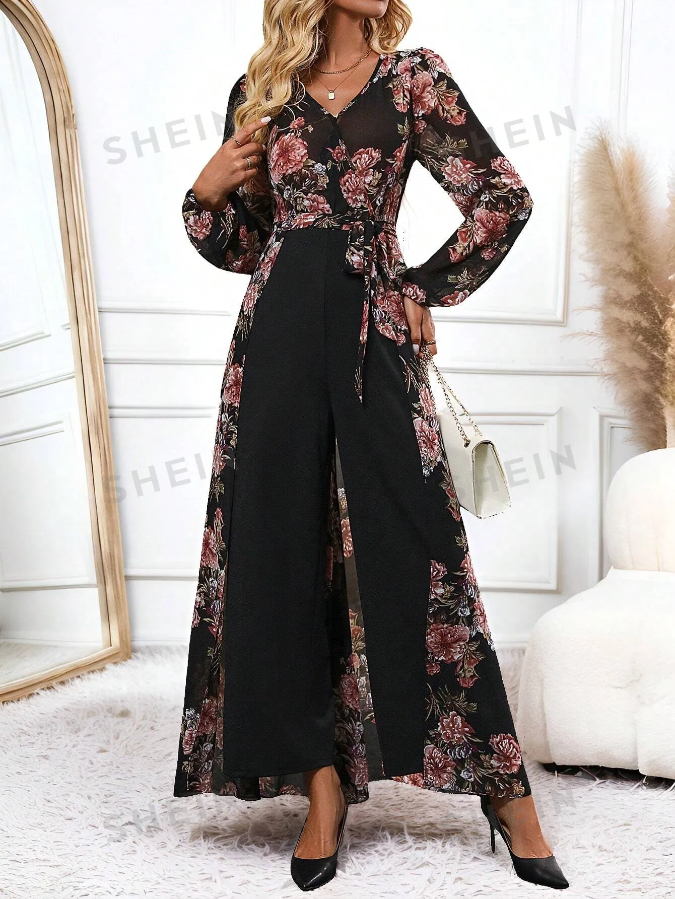 Clasi Women's Elegant Floral Print Wide Leg Jumpsuit