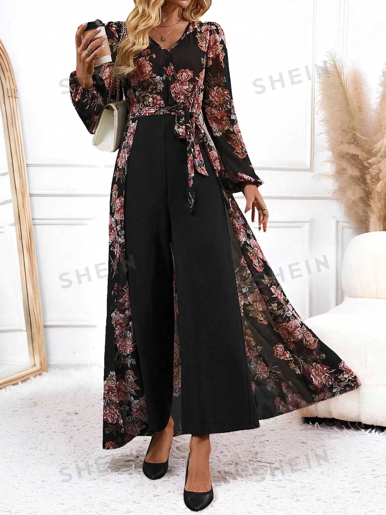 Clasi Women's Elegant Floral Print Wide Leg Jumpsuit
