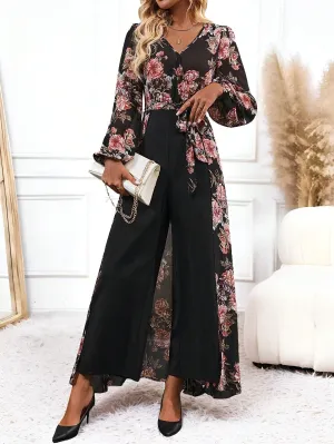 Clasi Women's Elegant Floral Print Wide Leg Jumpsuit