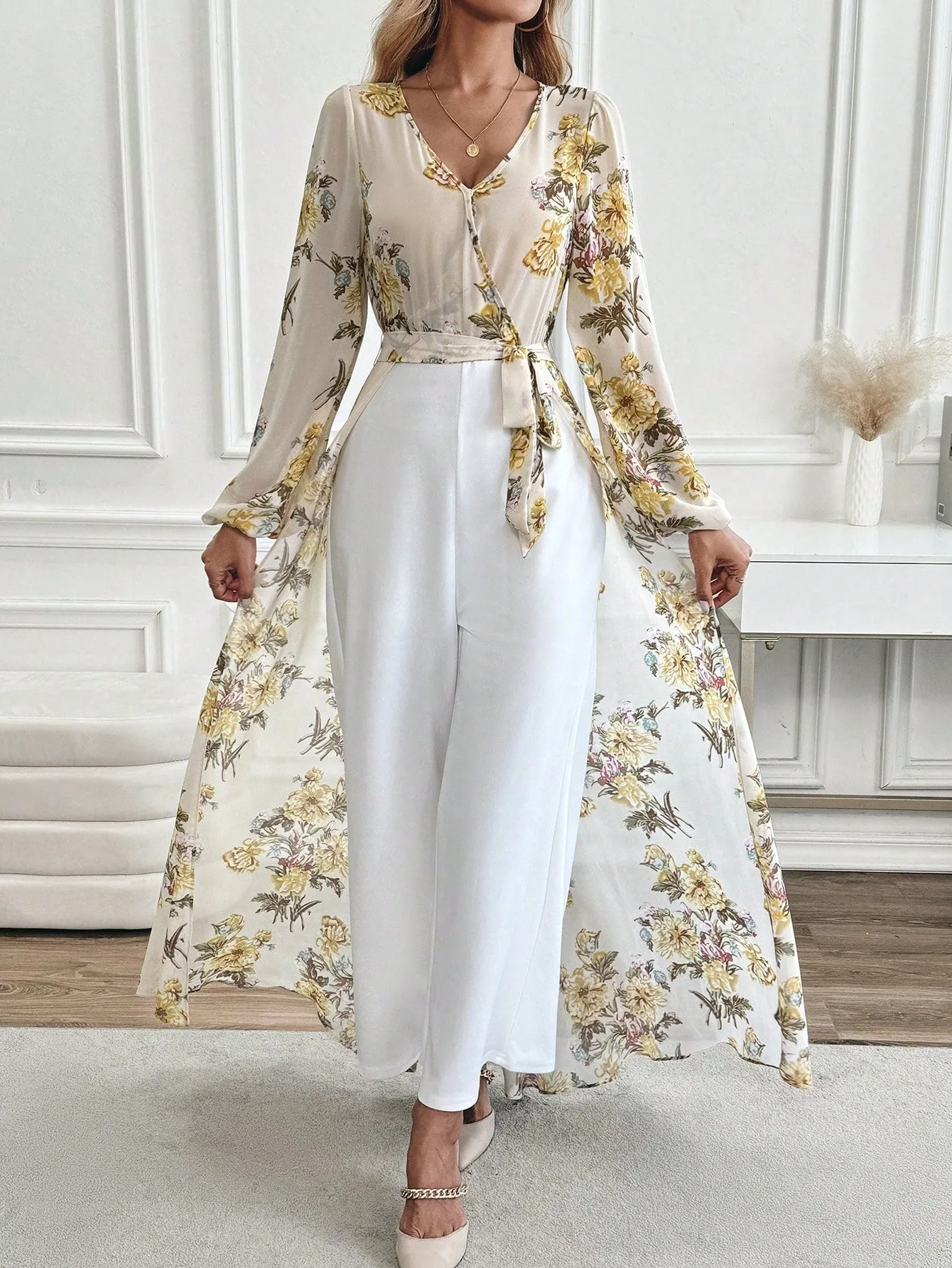 Clasi Women's Elegant Floral Print Wide Leg Jumpsuit