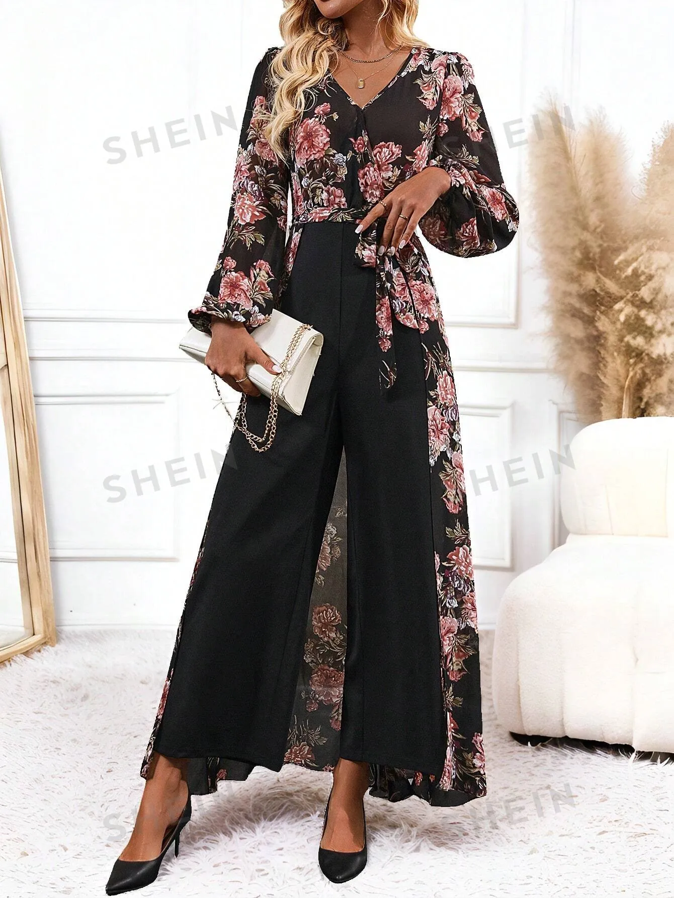 Clasi Women's Elegant Floral Print Wide Leg Jumpsuit