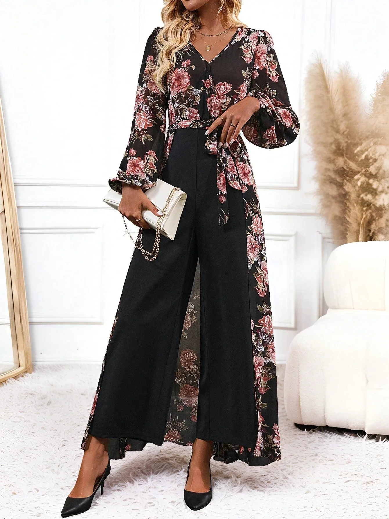 Clasi Women's Elegant Floral Print Wide Leg Jumpsuit