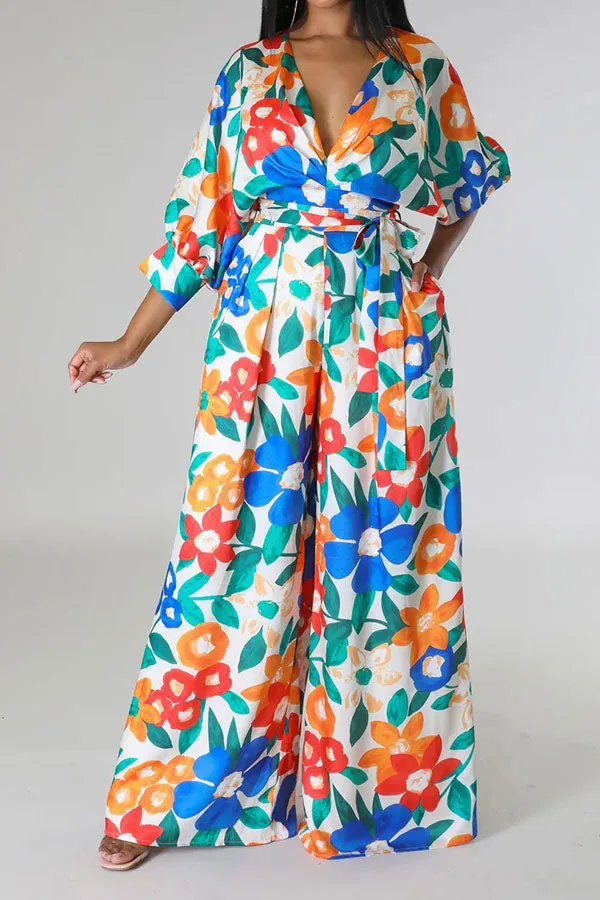 Colorful Floral Print Belted Wide Leg Jumpsuit