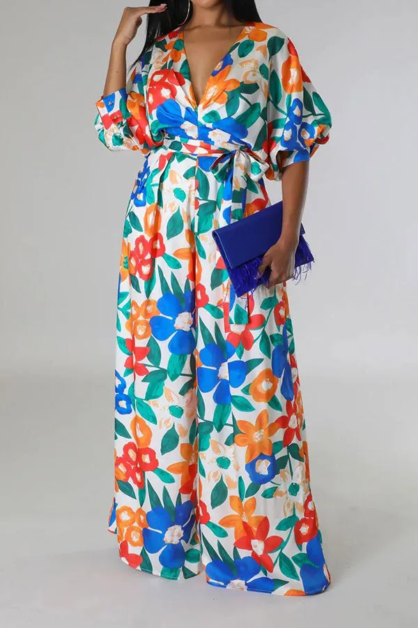 Colorful Floral Print Belted Wide Leg Jumpsuit