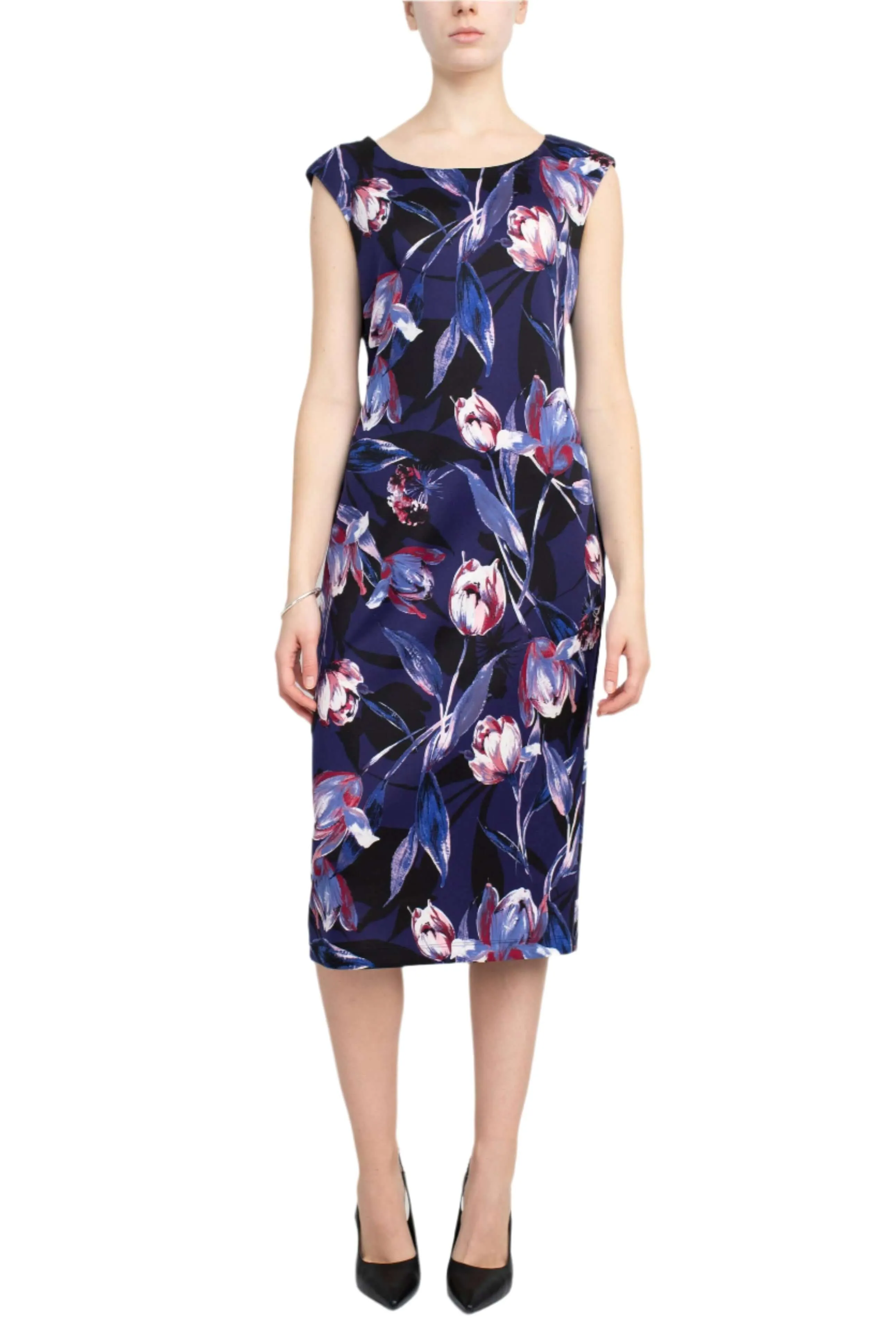 Connected Apparel Scoop Neck Sleeveless Zipper Back Floral Print Scuba Dress