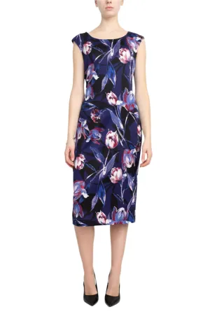 Connected Apparel Scoop Neck Sleeveless Zipper Back Floral Print Scuba Dress