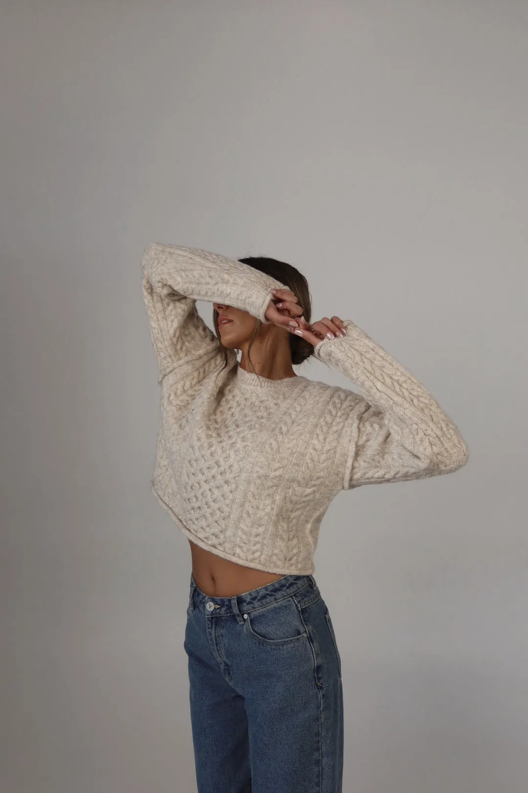 Eco Cable Knit Crew Sweater in Natural