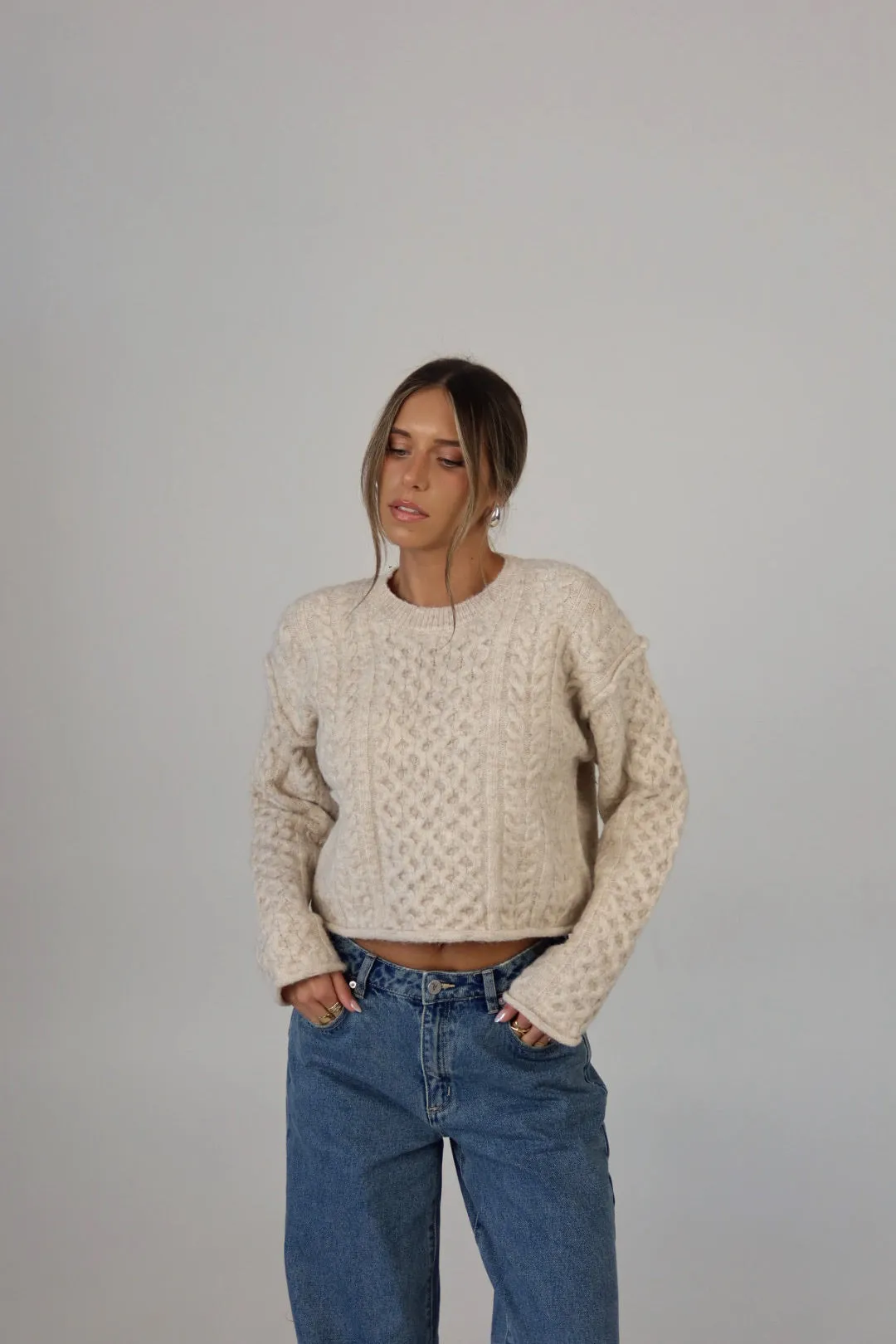 Eco Cable Knit Crew Sweater in Natural