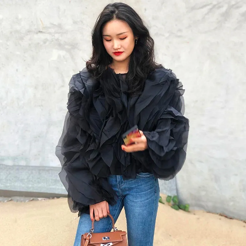 Elegant Patchwork Ruffle Chiffon Blouses Women O Neck Lantern Long Sleeve Loose Shirt Female Clothes Fashion Summer