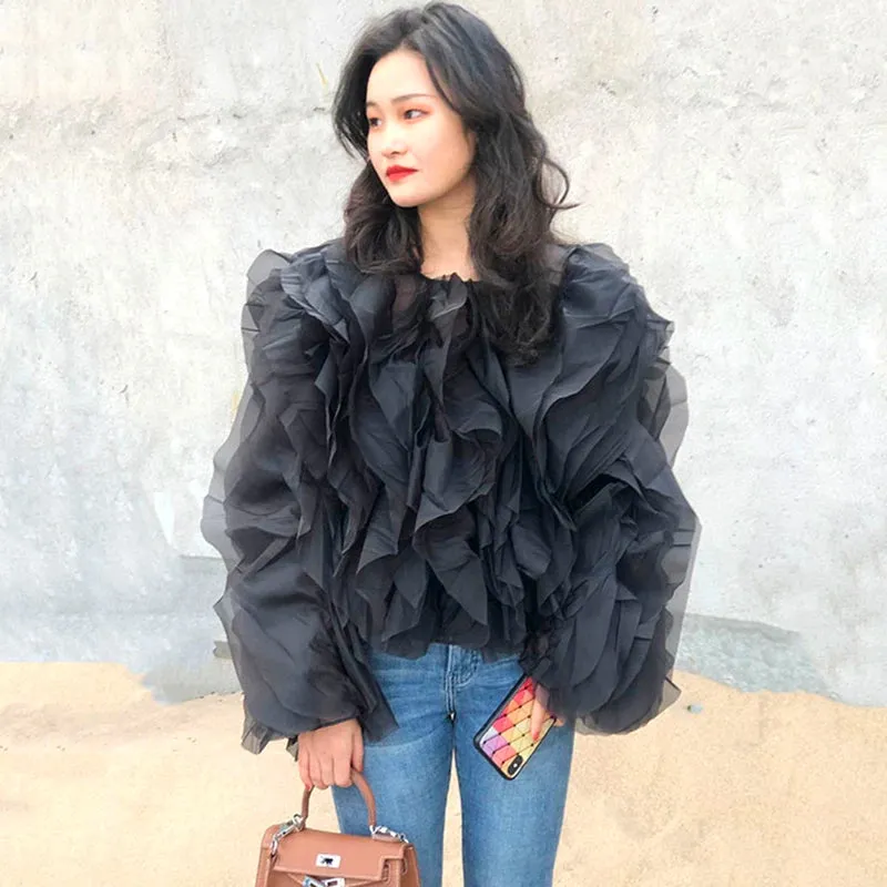 Elegant Patchwork Ruffle Chiffon Blouses Women O Neck Lantern Long Sleeve Loose Shirt Female Clothes Fashion Summer