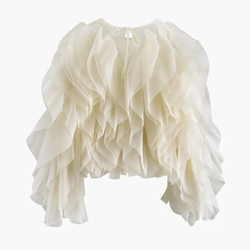 Elegant Patchwork Ruffle Chiffon Blouses Women O Neck Lantern Long Sleeve Loose Shirt Female Clothes Fashion Summer