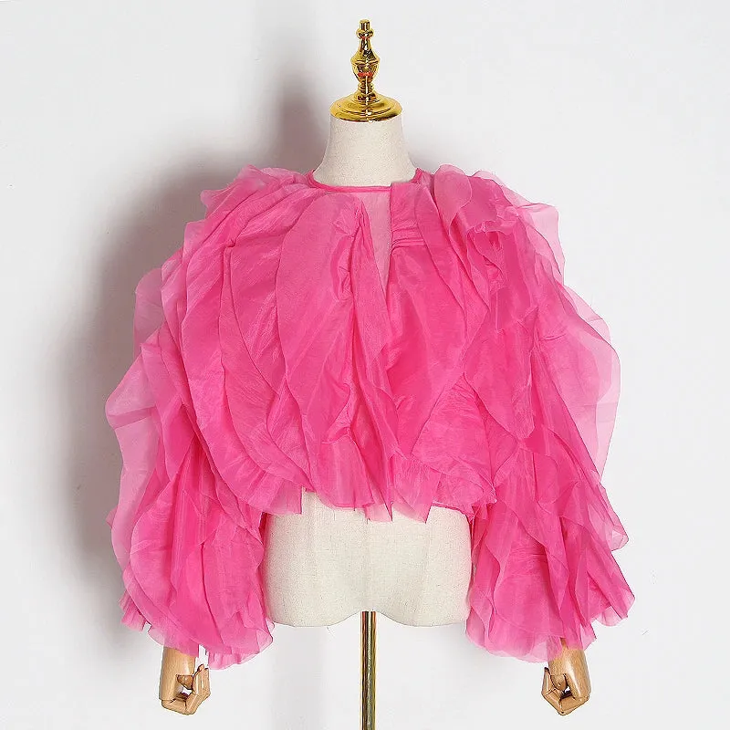 Elegant Patchwork Ruffle Chiffon Blouses Women O Neck Lantern Long Sleeve Loose Shirt Female Clothes Fashion Summer