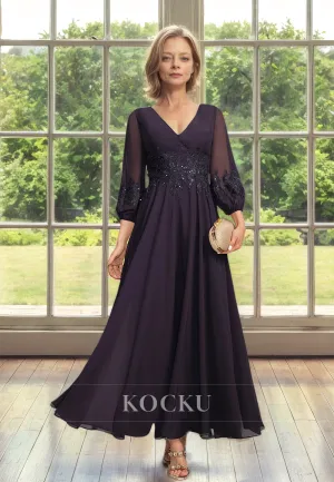 Elegant&Dramatic A-Line V-Neck Long Sleeves Lace Mother of Bride Dress with Appliques Cocktail Gowns