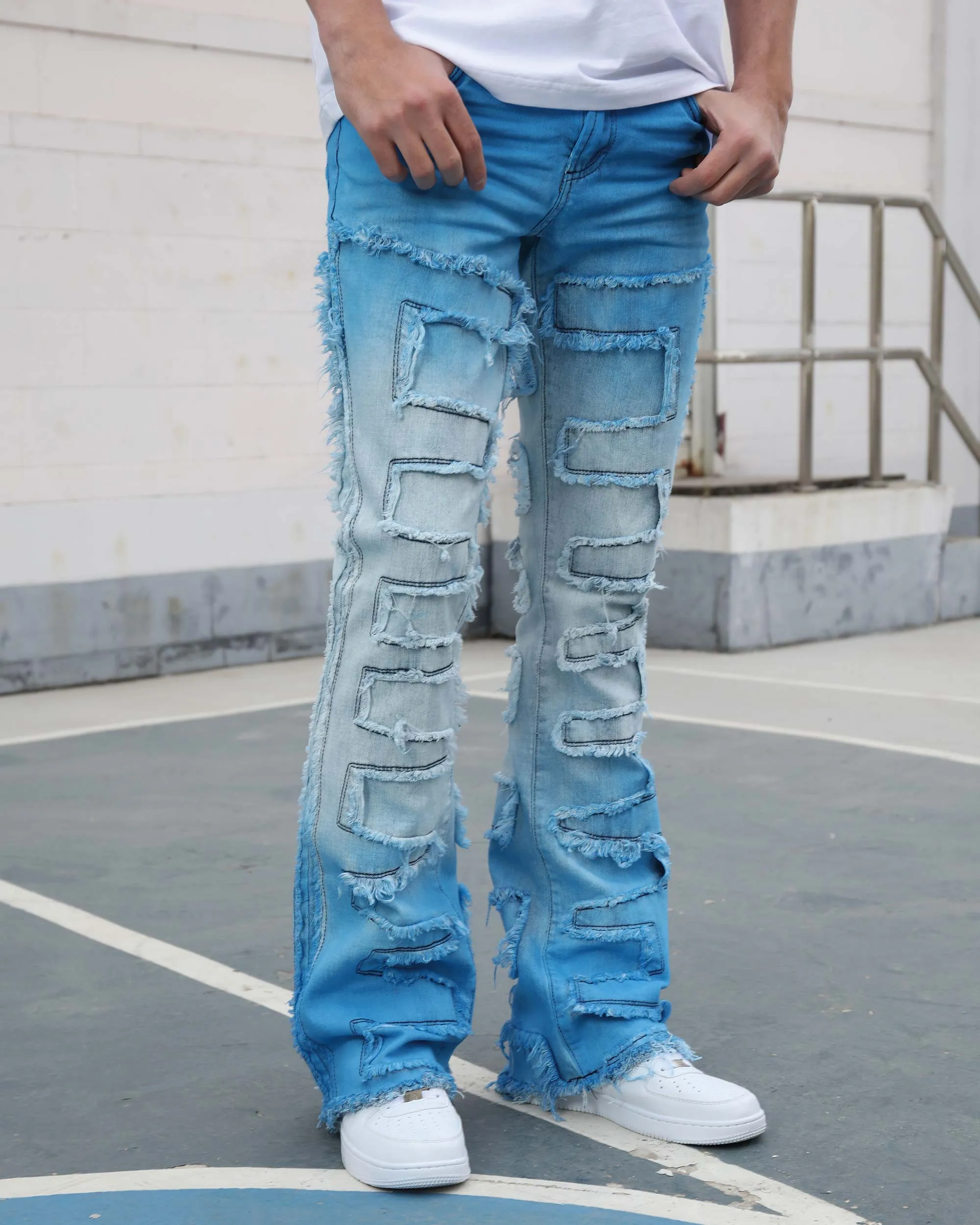 Flare Jeans in Gradient Blue with Fringe
