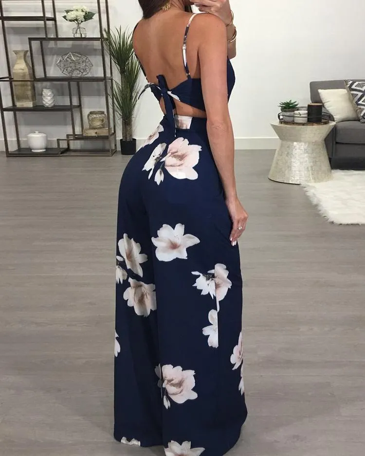 Floral Spaghetti Strap Wide Leg Jumpsuit
