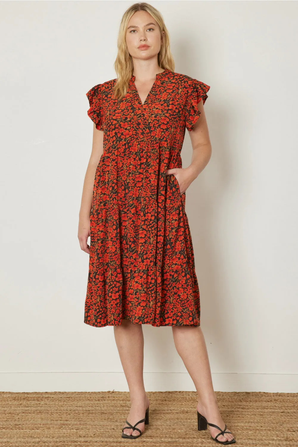 Floral Tiered Ruffle Midi Dress, Black