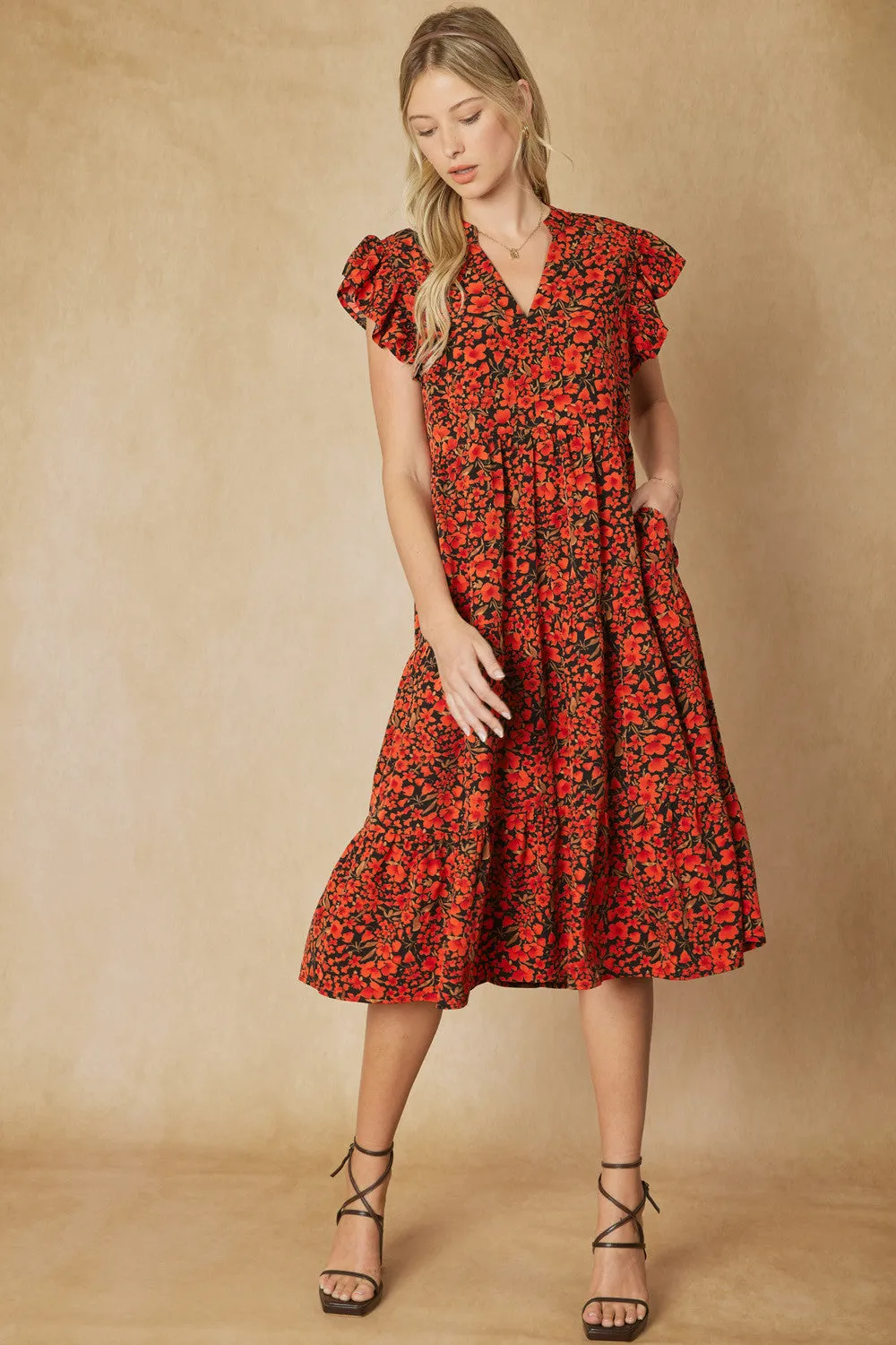 Floral Tiered Ruffle Midi Dress, Black