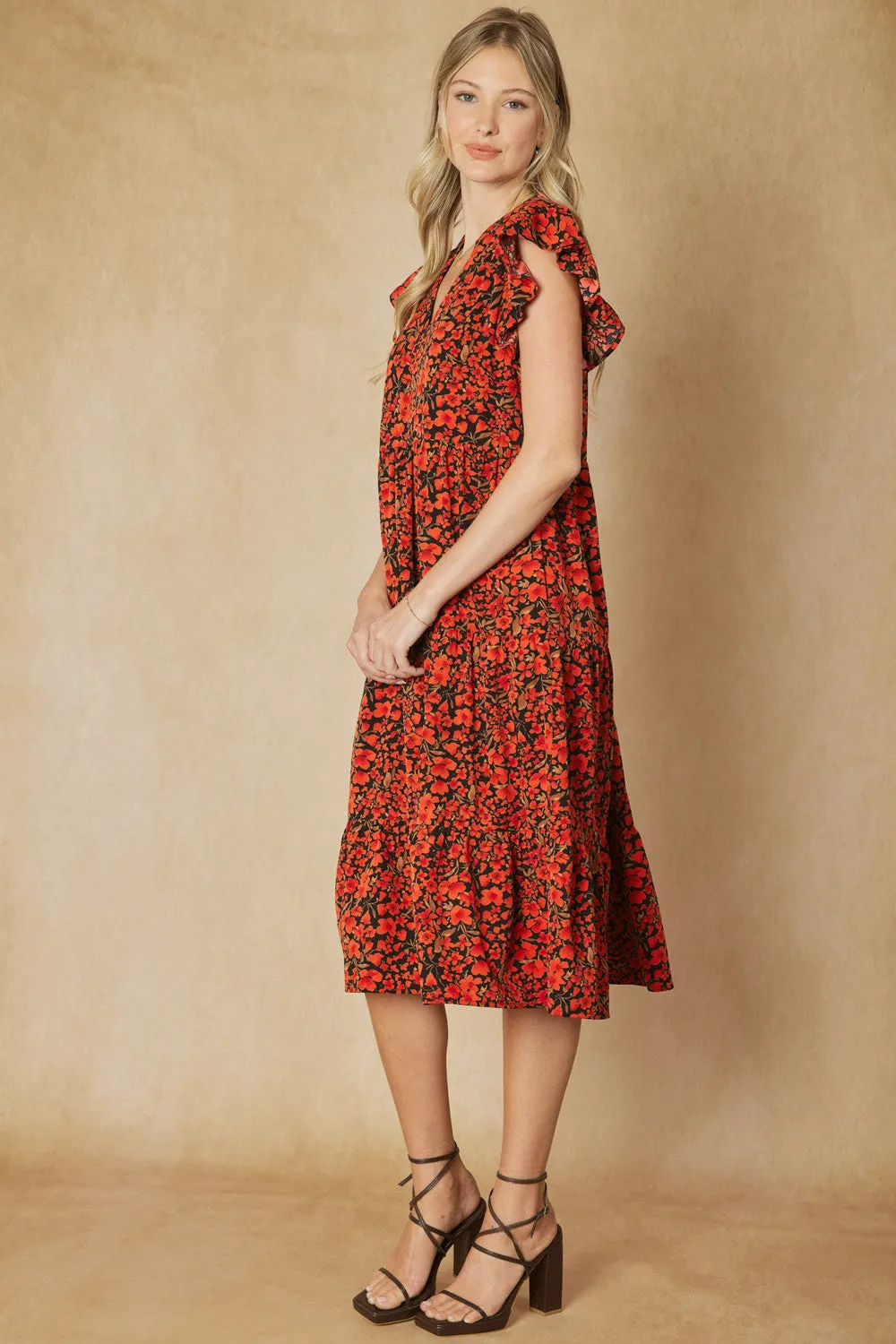 Floral Tiered Ruffle Midi Dress, Black