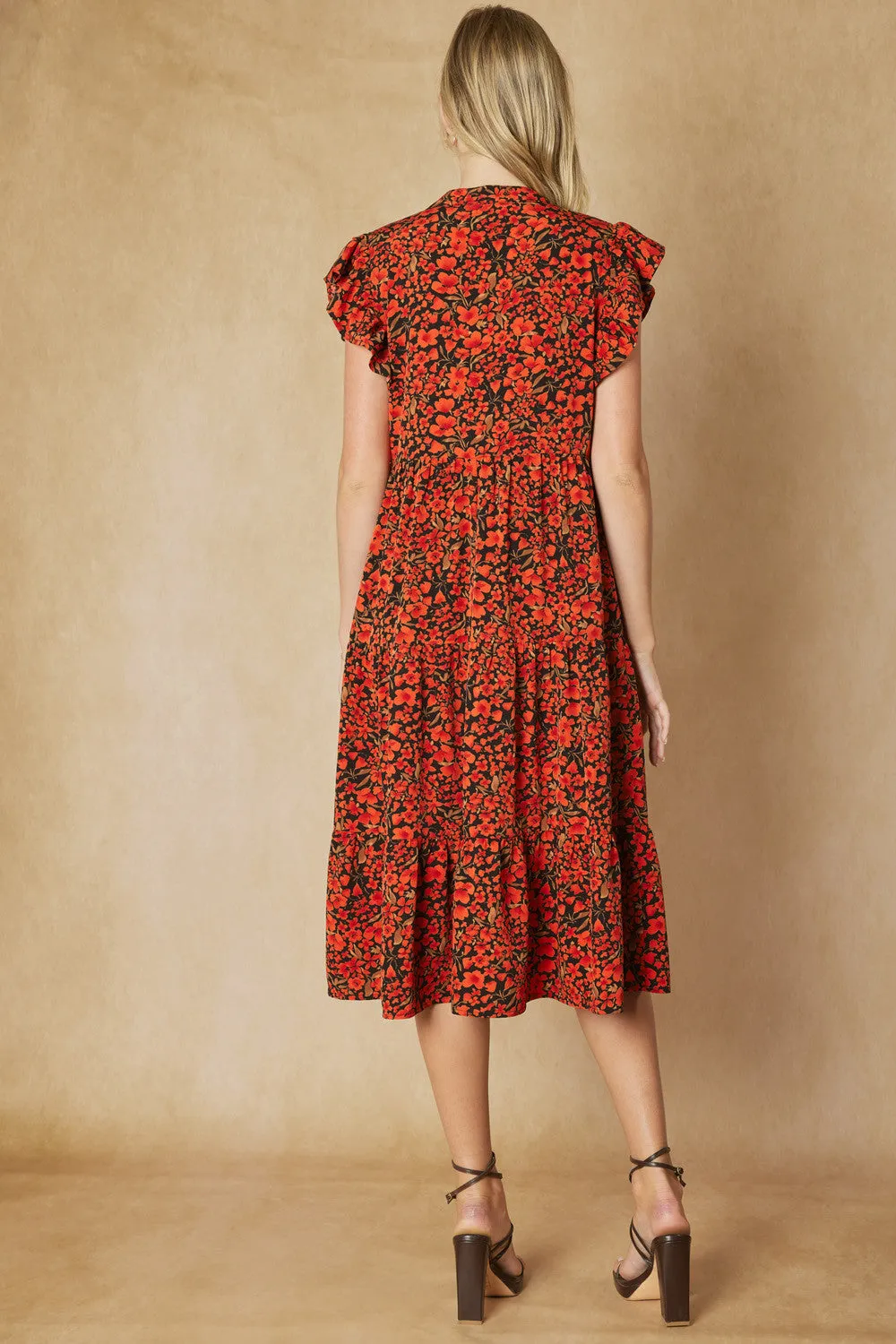 Floral Tiered Ruffle Midi Dress, Black