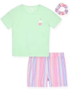 Girls 2-Piece Short-Sleeve Jersey Pajama Shorts Set with Matching Hair Scrunchie- Cupcake