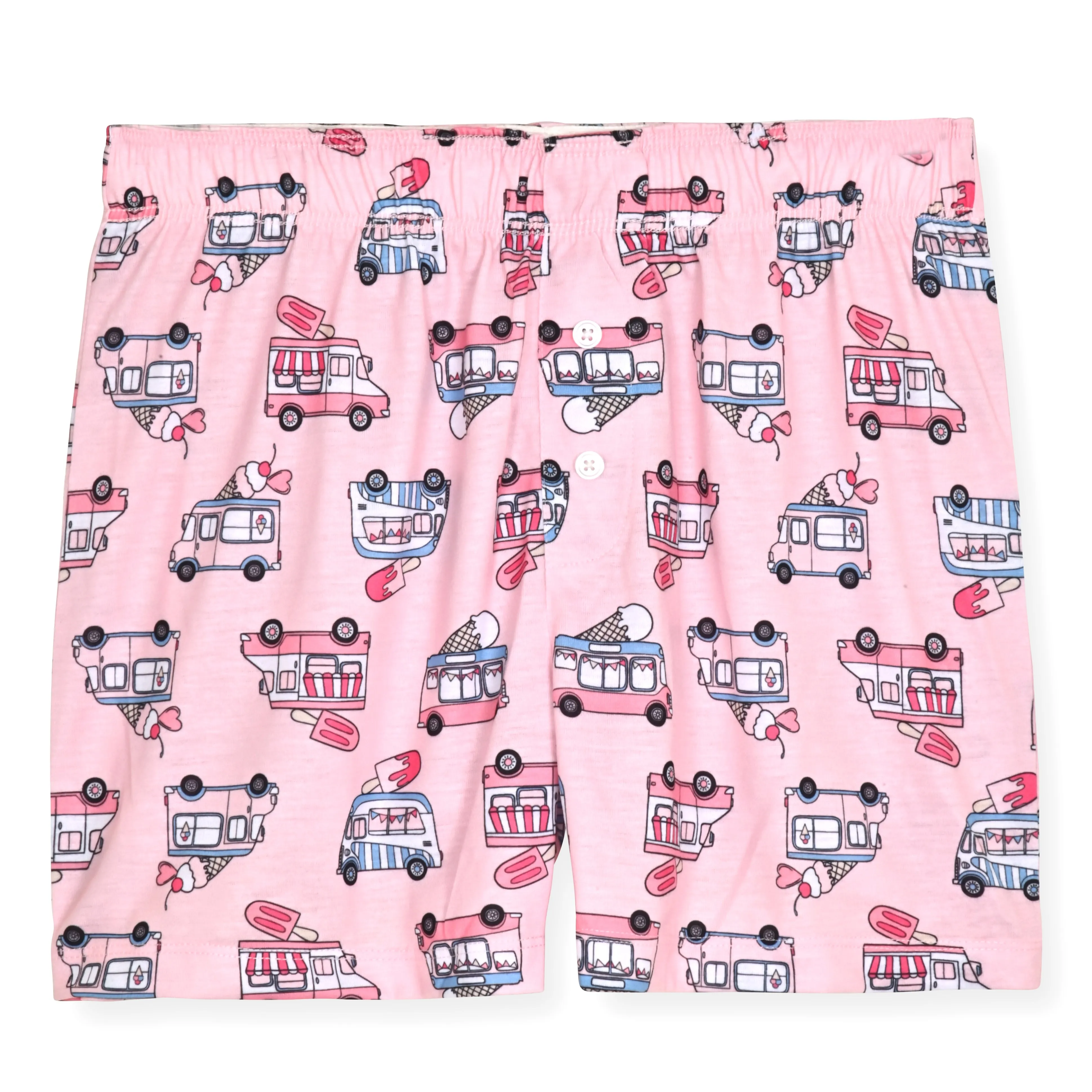 Girls 2-Piece Sleeveless Tank-Top Jersey Pajama Shorts Set with Hair Scrunchie- Icecream Truck.