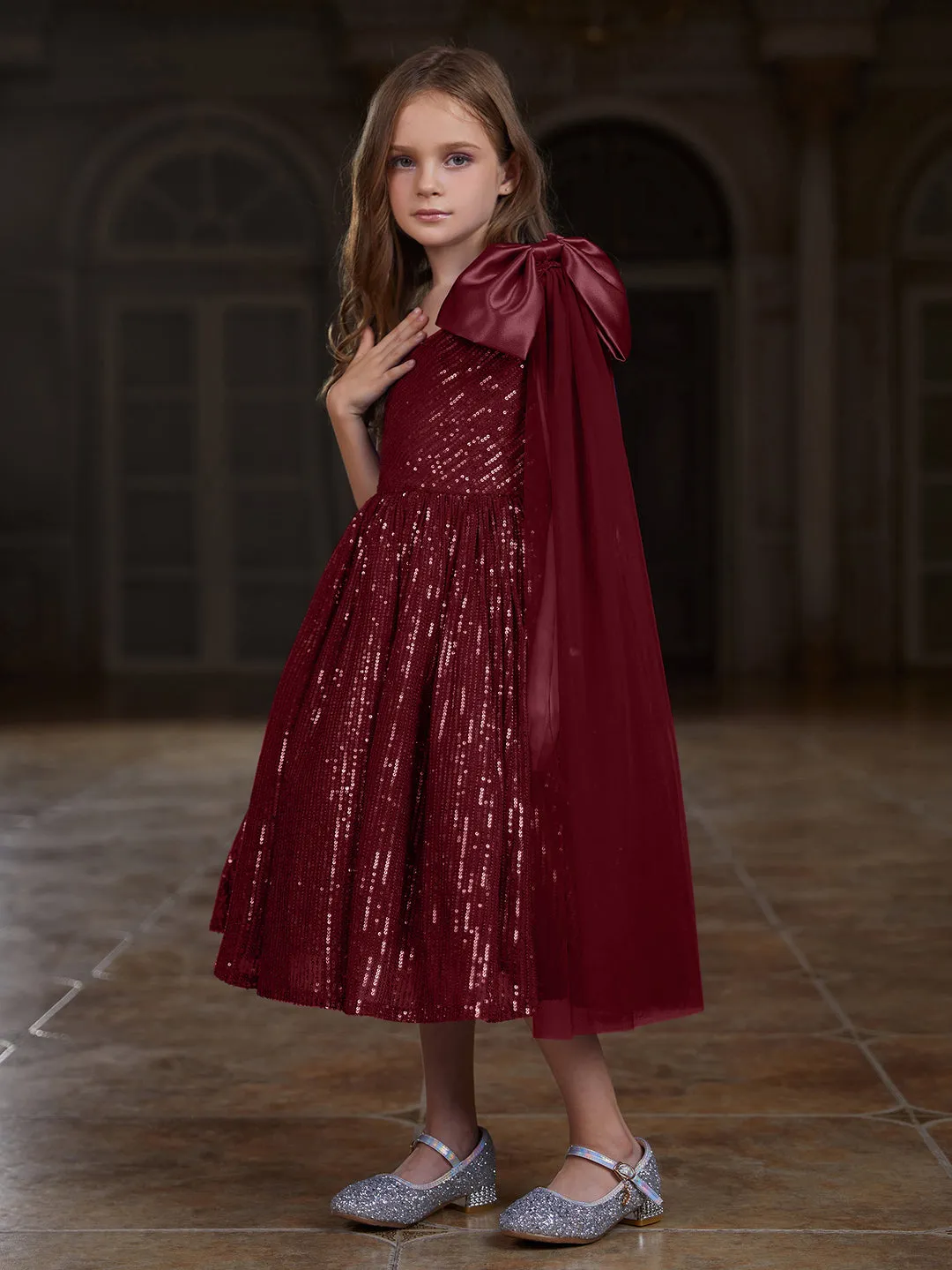 Girl's Bow Detail Draped Side Sequin Midi Dress