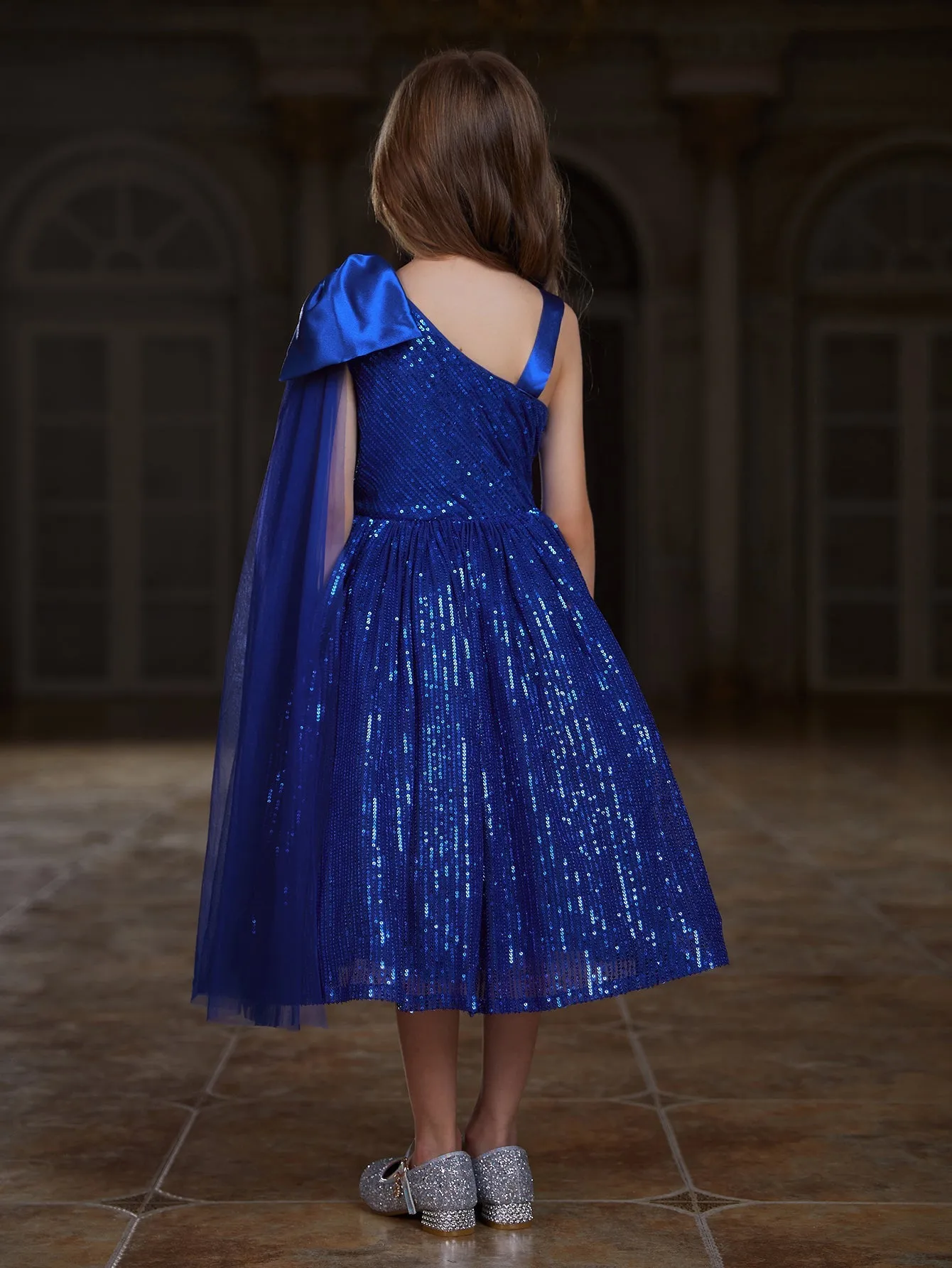 Girl's Bow Detail Draped Side Sequin Midi Dress