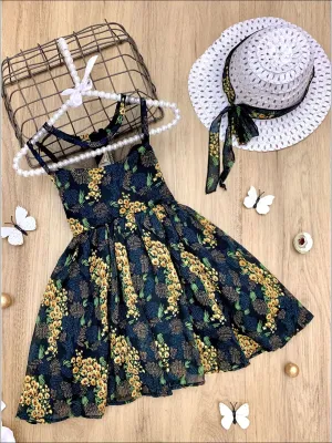 Girls Sleeveless Floral Print A-Line Dress with Matching Hat