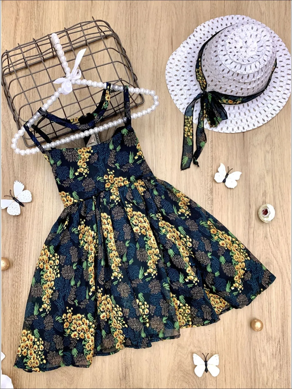 Girls Sleeveless Floral Print A-Line Dress with Matching Hat