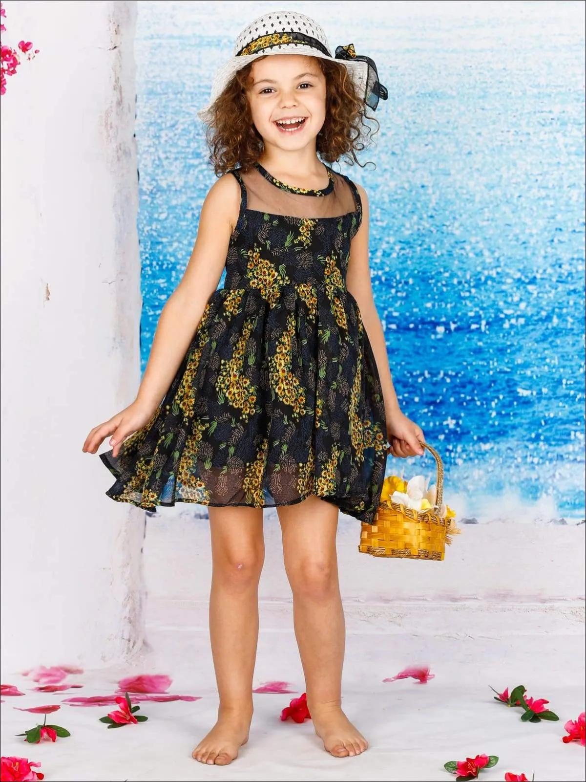 Girls Sleeveless Floral Print A-Line Dress with Matching Hat