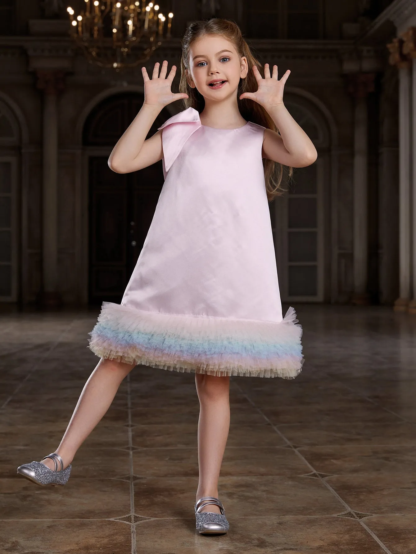 Girl's Sleeveless Rainbow Ruffle Trim Knee Length Dress
