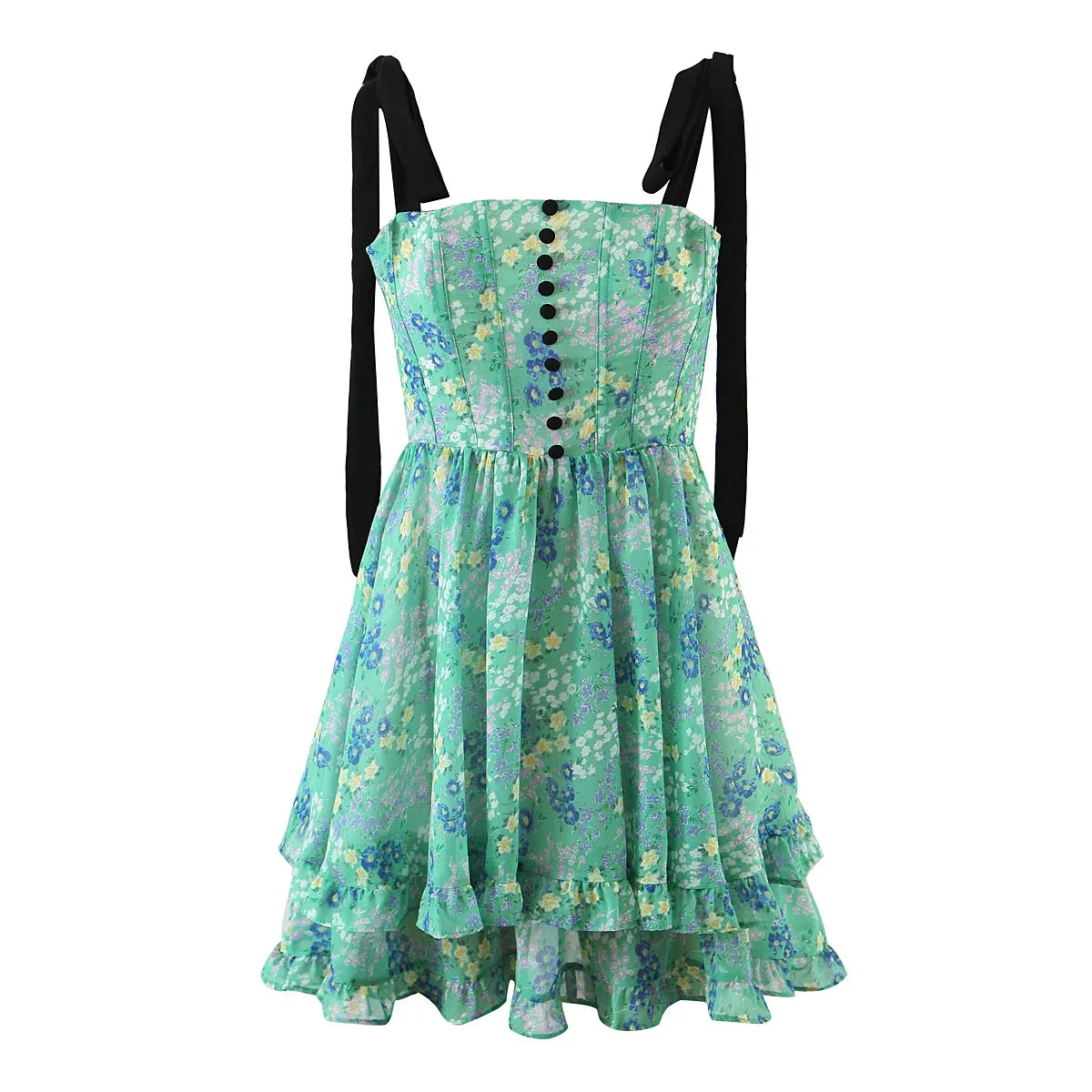 Green Floral Chiffon A-Line Dress with Tie Straps